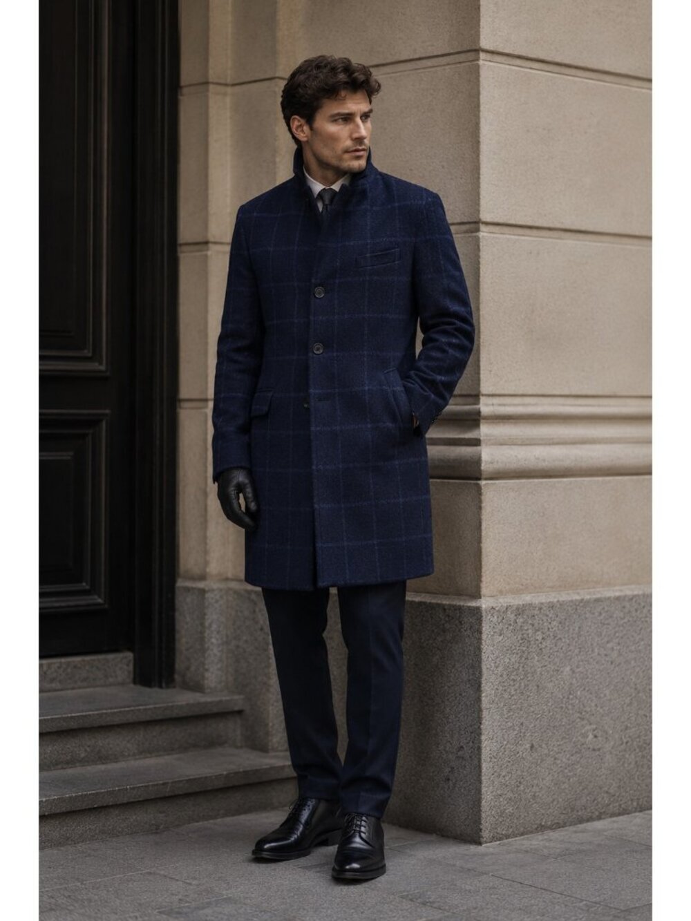 Club Monaco Mantico Wool Blend Overcoat Mens 42 Navy Windowpane Long Coat Jacket